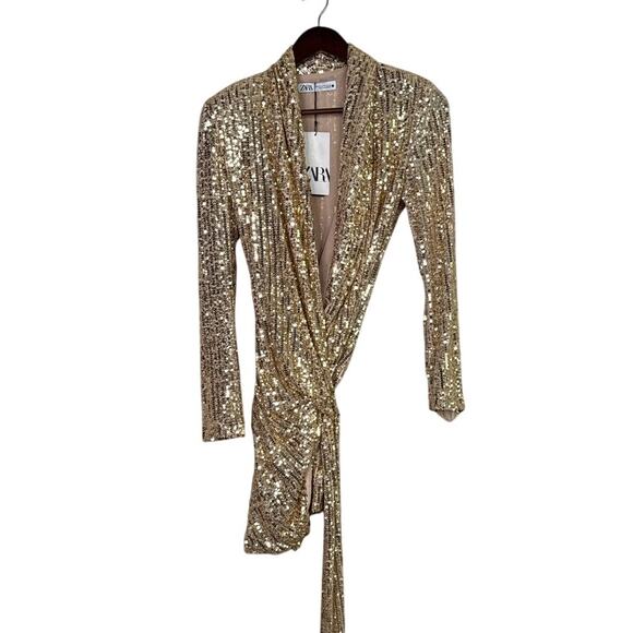 Zara Gold Sequin Wrap Tie Long Sleeve Tunic Mini Stretch Dress V Neck XS Gold - Picture 15 of 16